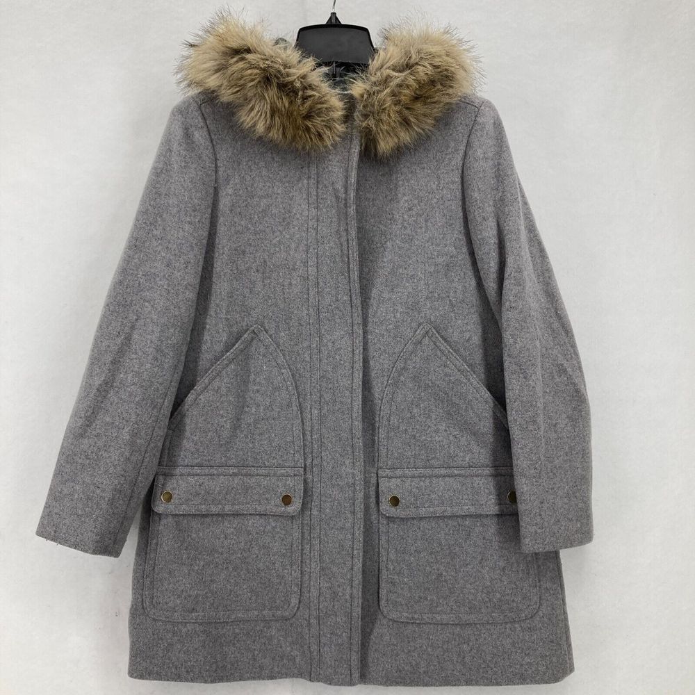 J.Crew Vail Parka Jacket Women's 4 Gray Wool Blend Faux Fur Trim Hooded Full Zip